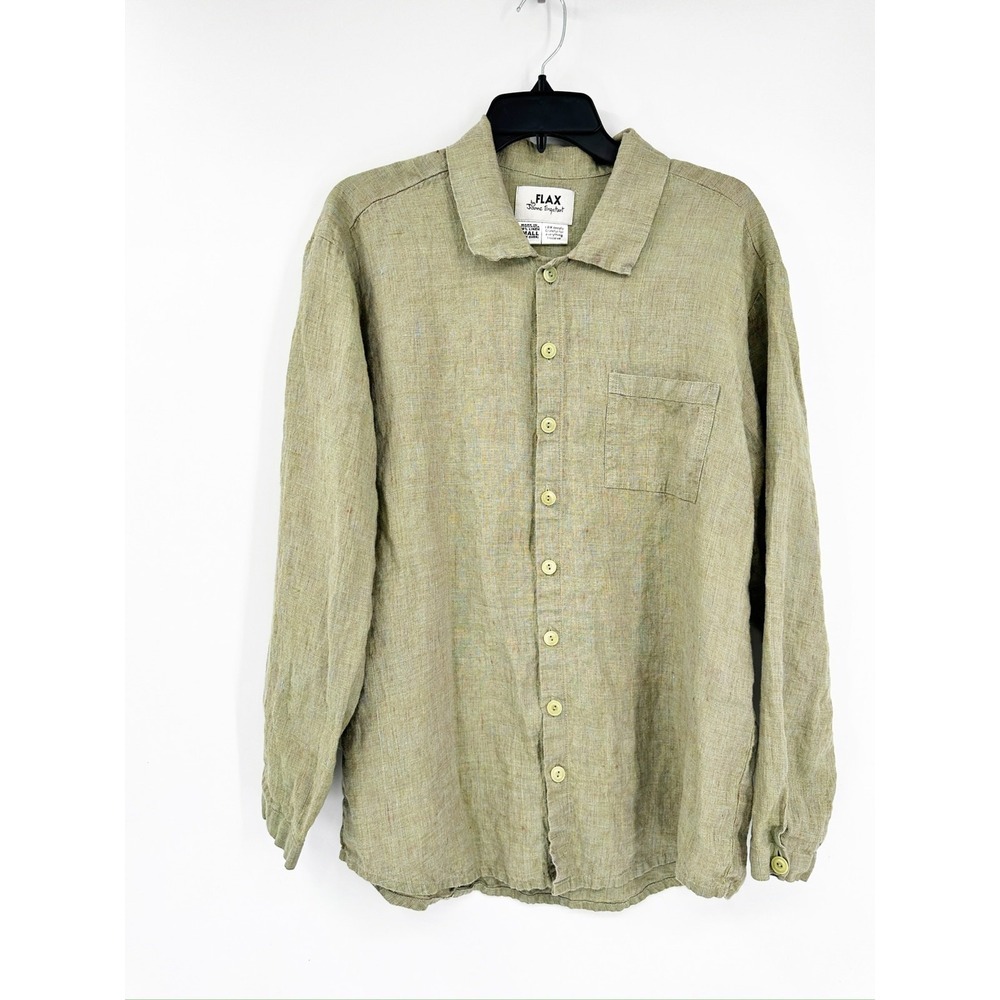 Flax‎ Green 100% Linen Long Sleeve Collared Button Up Shirt Size Small